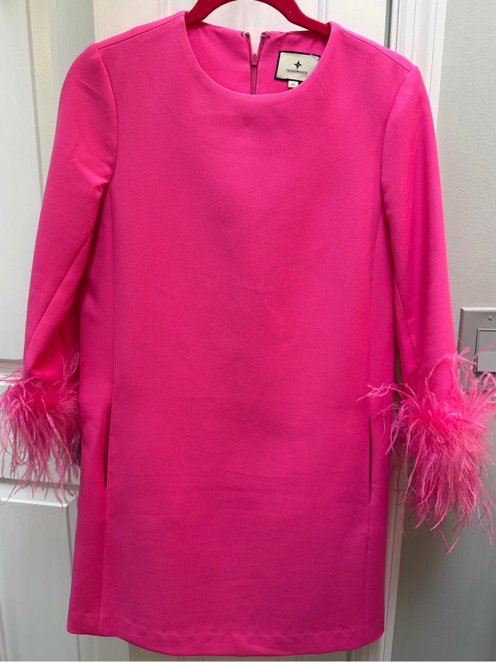 Tuckernuck Feather-Cuff Shift Dress - Bright Pink